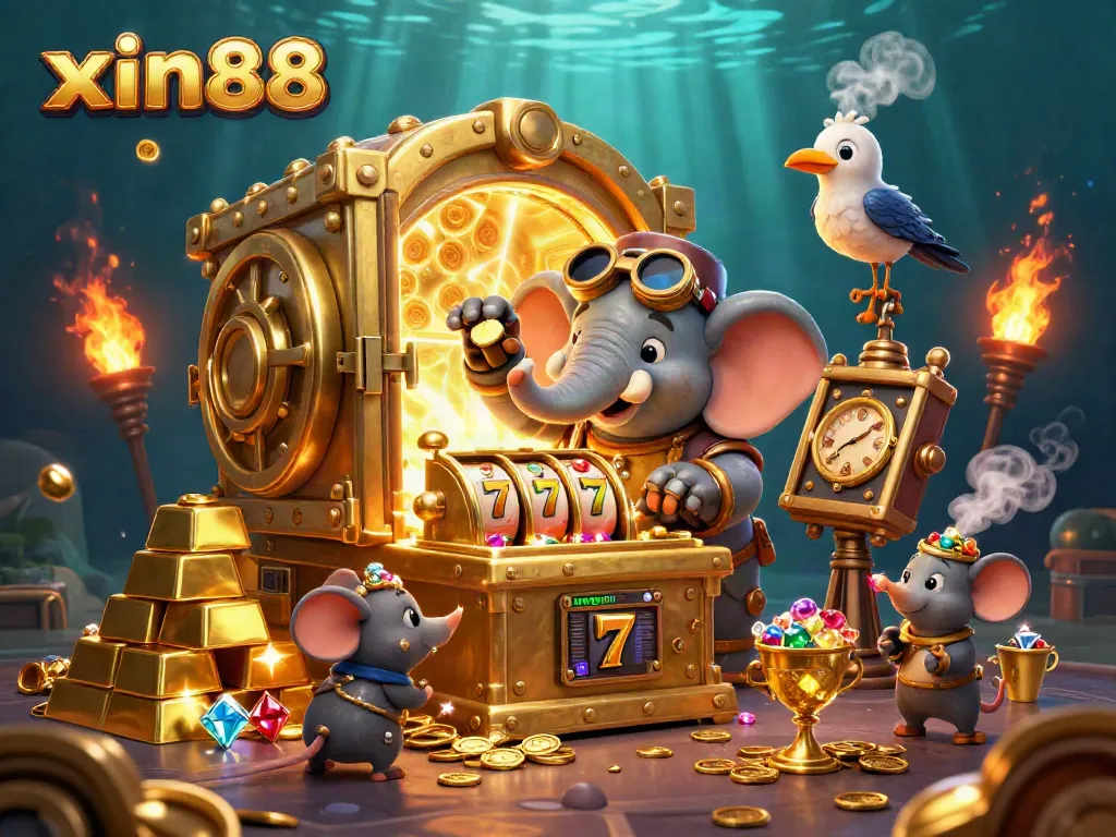 Spin to win at xin88 with the vibrant 3D steampunk elephant operating the golden slot machine.