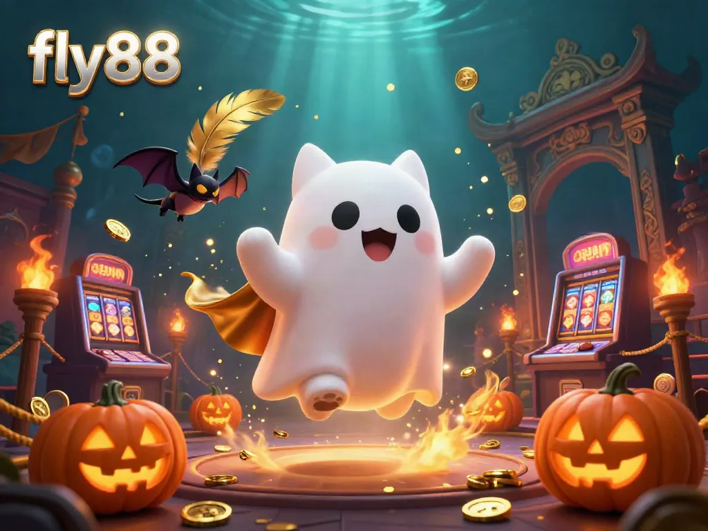 Experience the spooky excitement of fly88 with a friendly ghost cat and vampire bat in a haunted casino setting.
