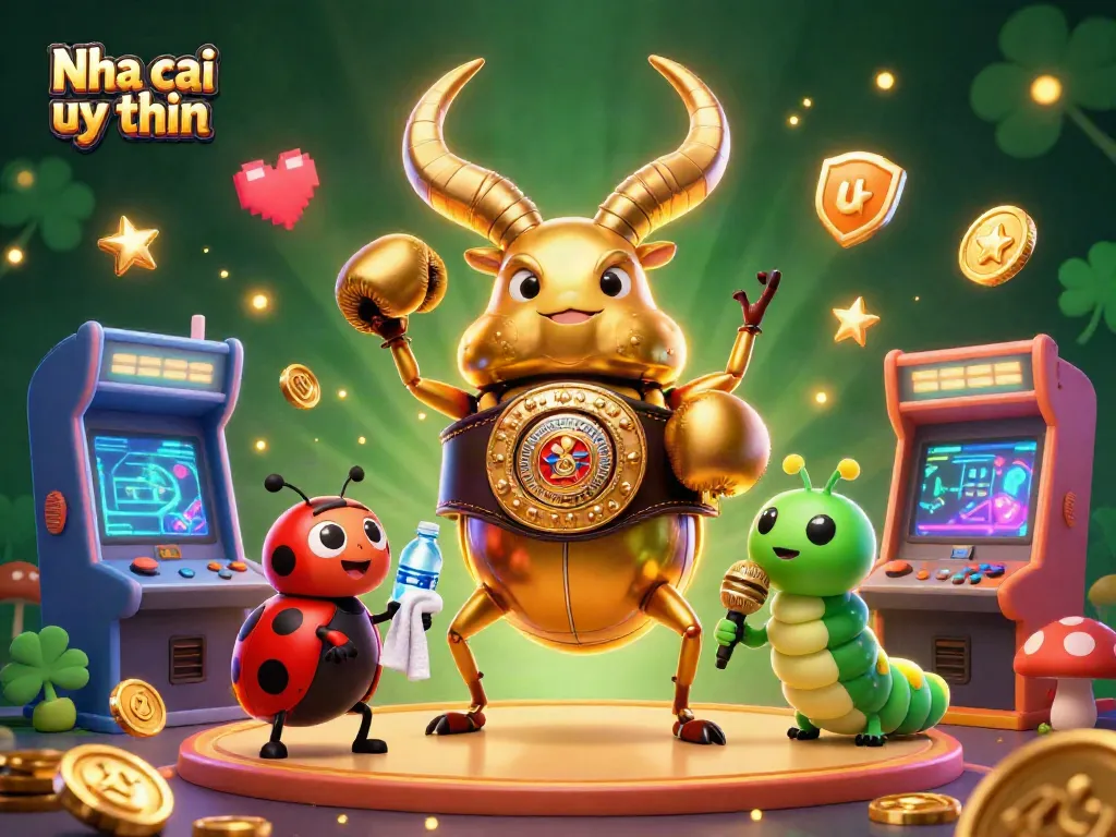 Nha cai uy tin showcases a dynamic 3D casino scene with a golden beetle champion and vibrant game elements.