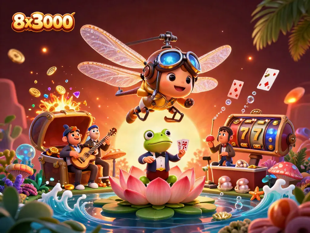 Hit the jackpot at 8x3000 with vibrant 3D casino scene featuring dragonfly pilot and lively games.