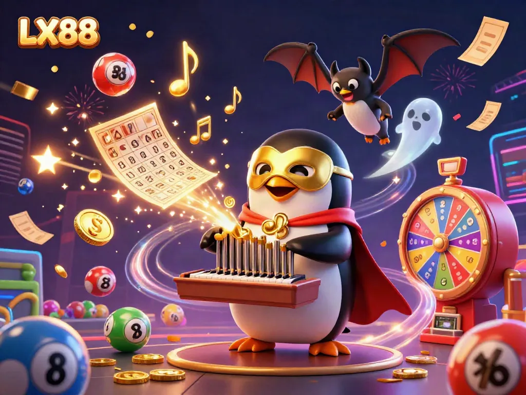 LX88 penguin character with a golden organ celebrates with dynamic lottery elements in a vibrant scene.