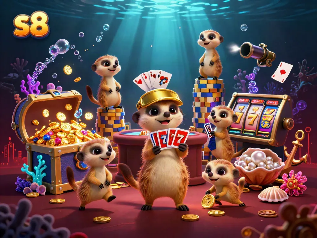 Engaging meerkats operating a vibrant casino scene with the brand s8, featuring thrilling slots and treasure.