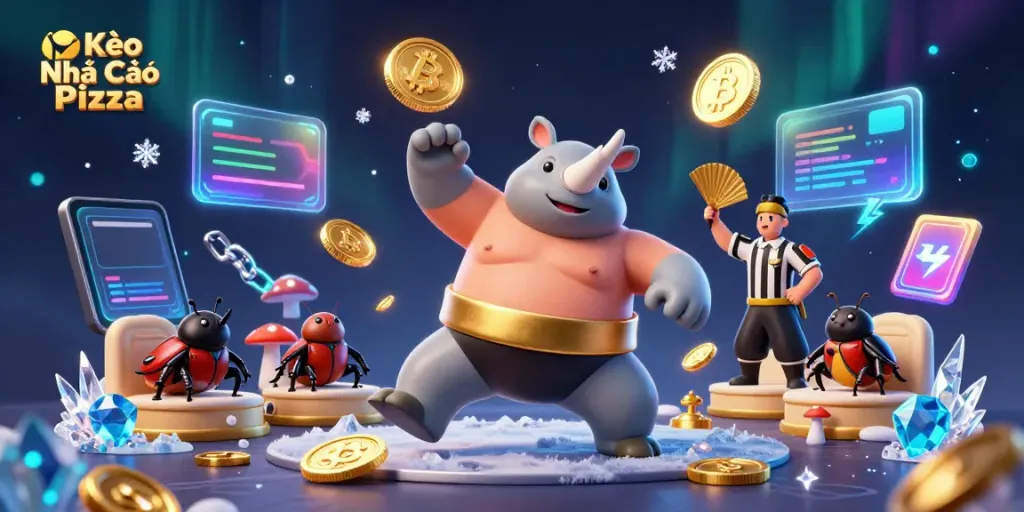 Kèo Nhà Cái Pizza features a cartoon beetle champ in a sumo match with flying coins and crypto elements.