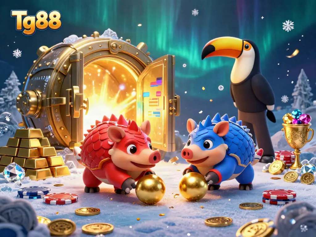 Tg88 showcases a vibrant scene with rival pangolins and golden treasures in a dynamic casino setting.