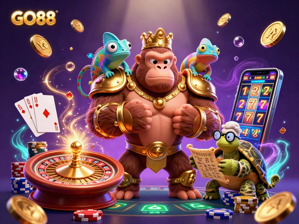 Engage with GO88's thrilling casino adventure featuring a powerful king, a chameleon, and vibrant games.
