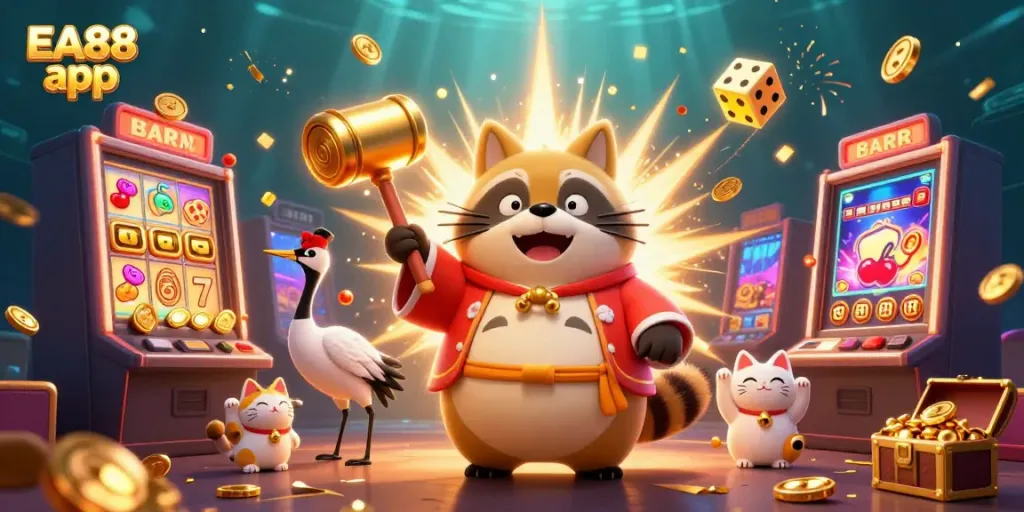 Experience the excitement of the EA88 app through a lively 3D casino scene with colorful characters and vibrant slots.