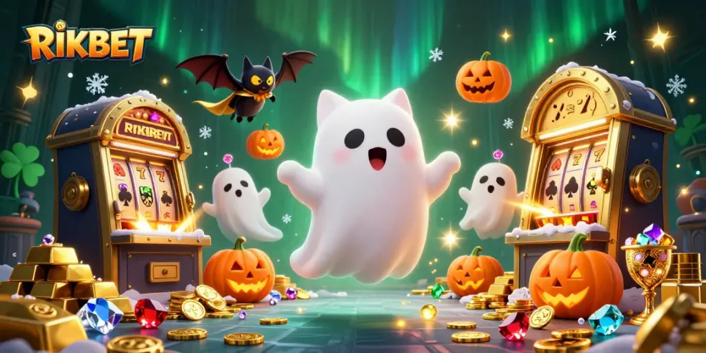 Experience the vibrant RIKBET gaming world with a mystical ghost cat and treasures