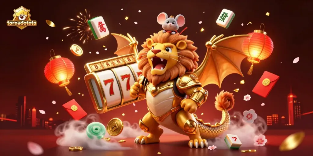 Capture the thrill of tornadototo with a golden armored chimera and slot reels in dynamic casino atmosphere.