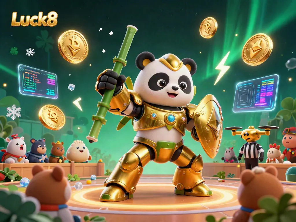 Experience the thrill at Luck8 with a golden panda piloting a robot in a lively casino arena.