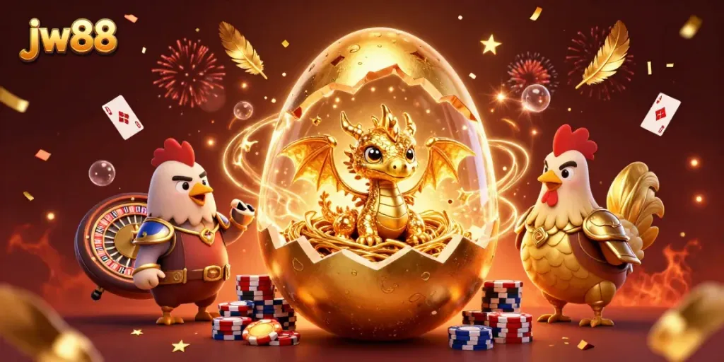 Play games at jw88 with exciting slots featuring golden dragons and poker chips!