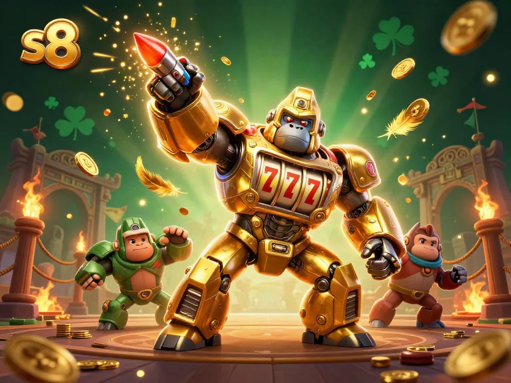 Spin and win with the s8 golden gorilla mech in an exciting casino scene