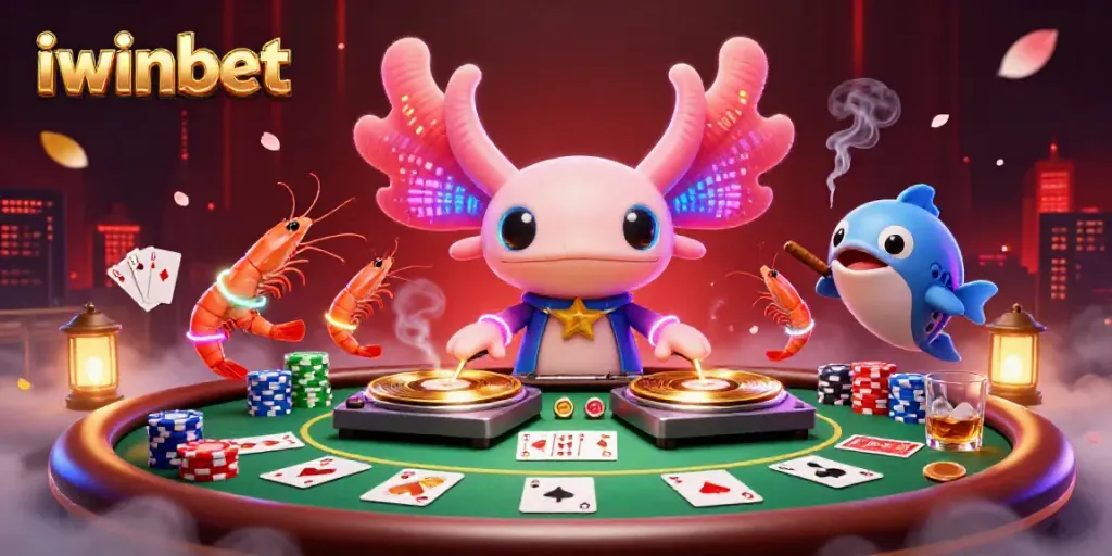 Join the fun at iwinbet with a vibrant 3D illustration of colorful casino elements and lively characters.