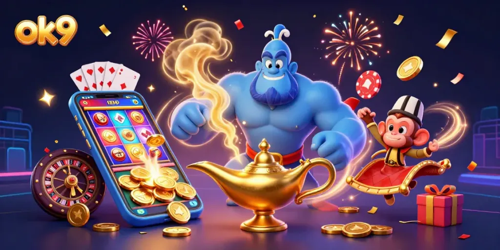 Spin winning reels with ok9 as the genie reveals golden opportunities in this vibrant casino illustration.