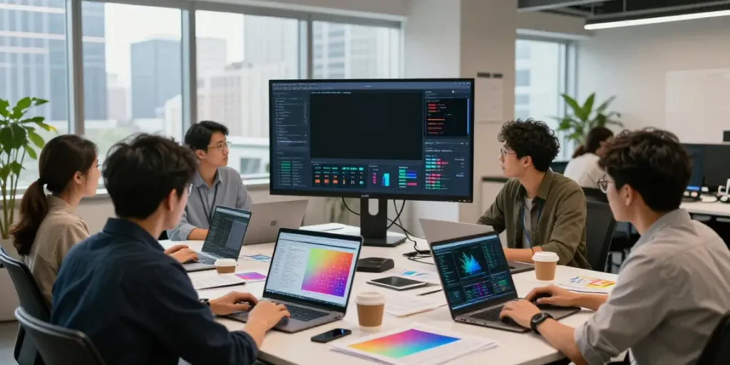 Dynamic team collaborating on Enterprise AI models in a modern workspace.