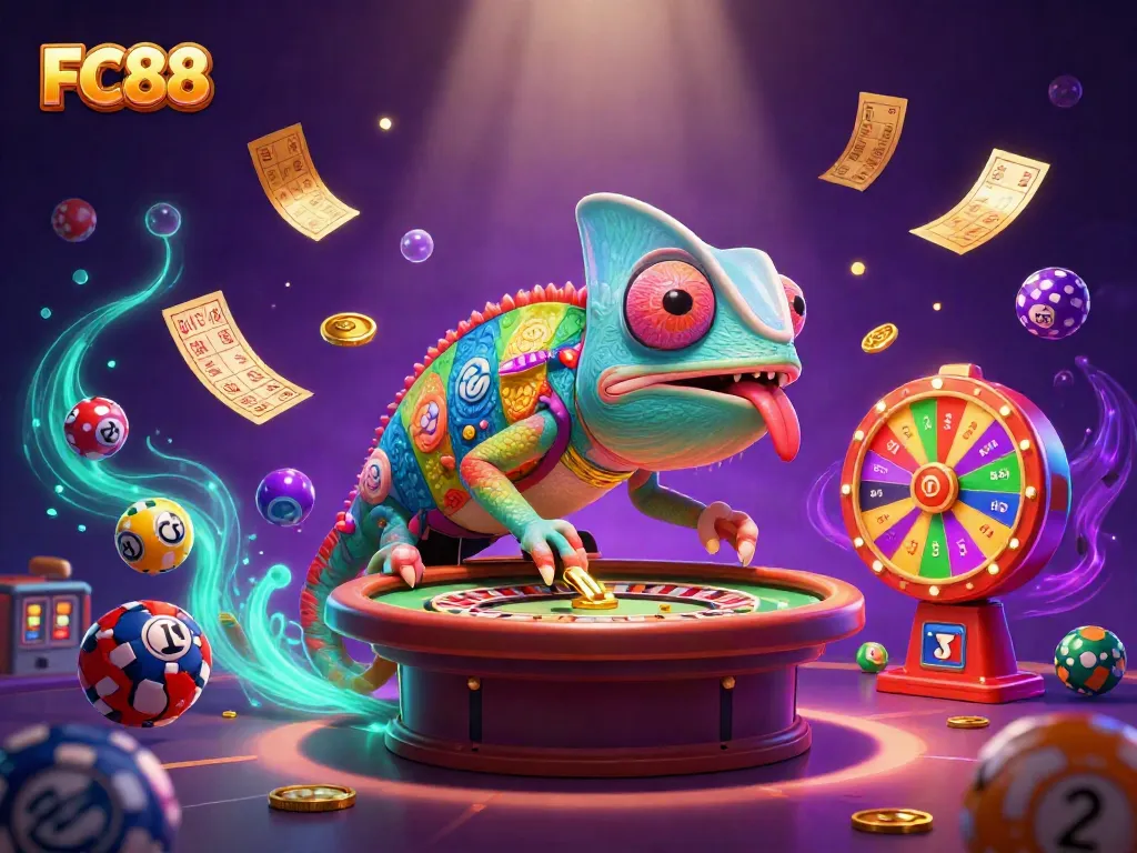 Spin to win at FC88 with a lively chameleon casino owner and dynamic gaming elements.