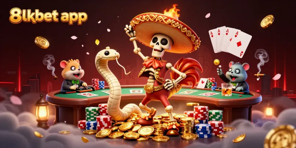 Engage with the 8xbet app in a vibrant, lively casino scene filled with dynamic characters and exciting gaming elements.