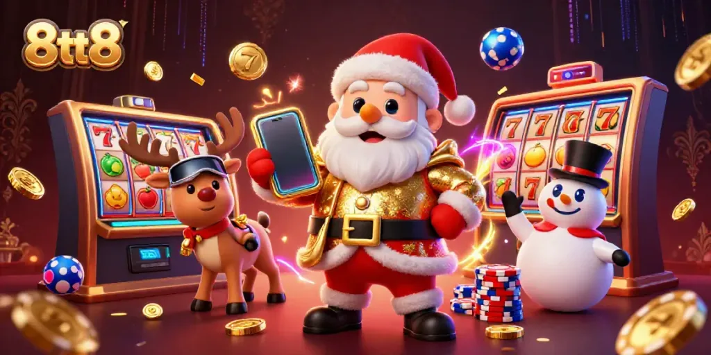 Experience vibrant 8tt8 casino action with Santa and friends celebrating jackpot wins.