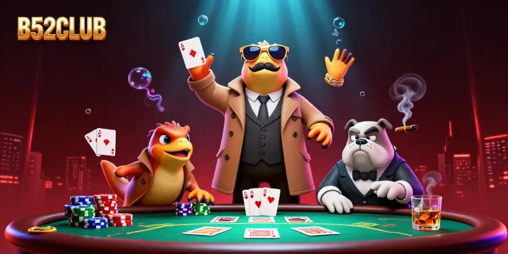 Experience VIP access at B52CLUB as raptors in disguise meet a bouncer in a lively casino atmosphere.