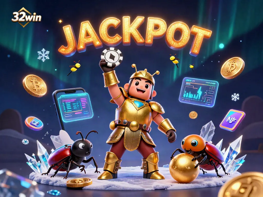 Experience exciting gameplay at 32win with a vibrant jackpot celebration scene featuring animated characters and cryptocurrency.