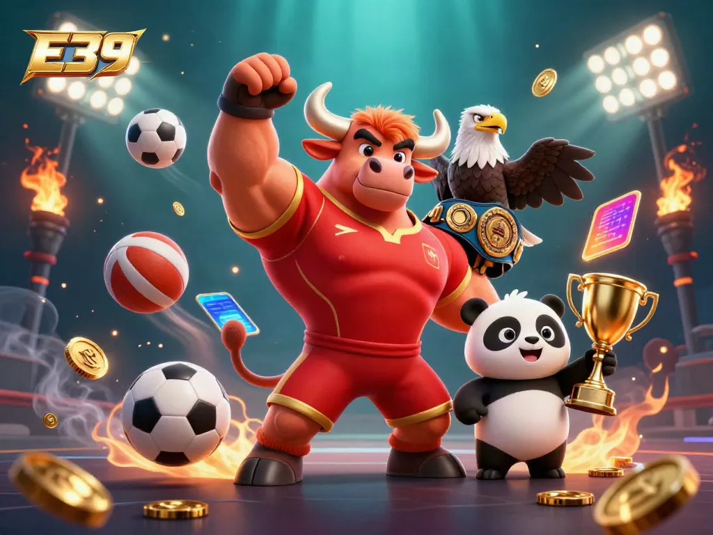 E39 sports betting victory scene with a powerful bull mascot, eagle, and panda celebrating amidst animated sports elements.