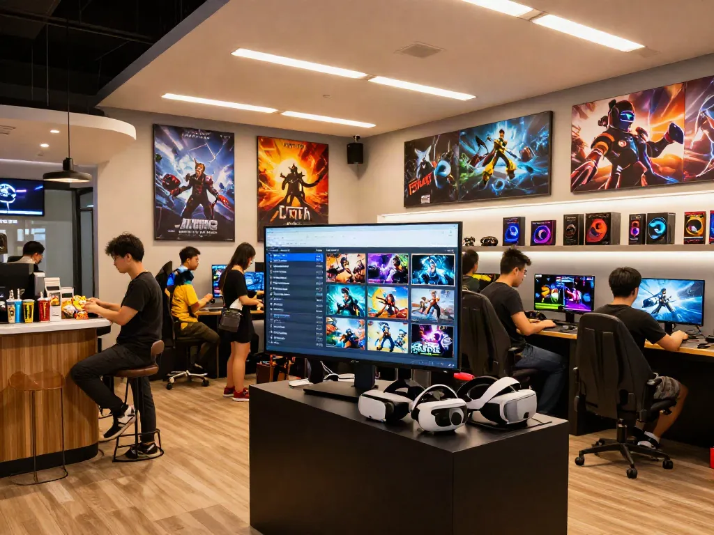 warung168 gaming store showcasing digital games and accessories in an inviting atmosphere