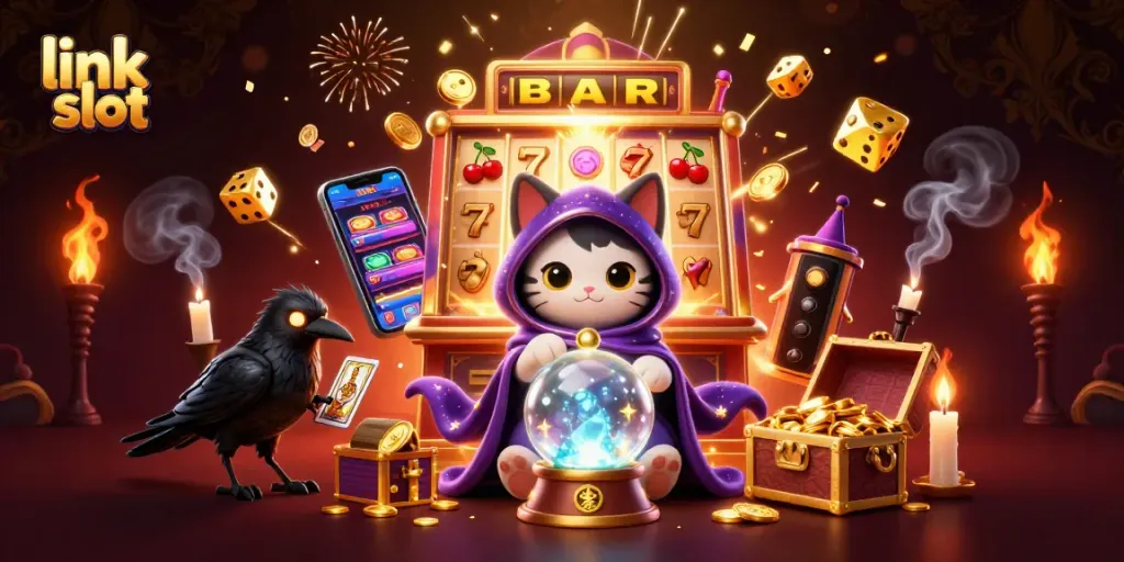 Experience the thrill of link slot with a vibrant slot machine scene bursting with symbols and surprises.