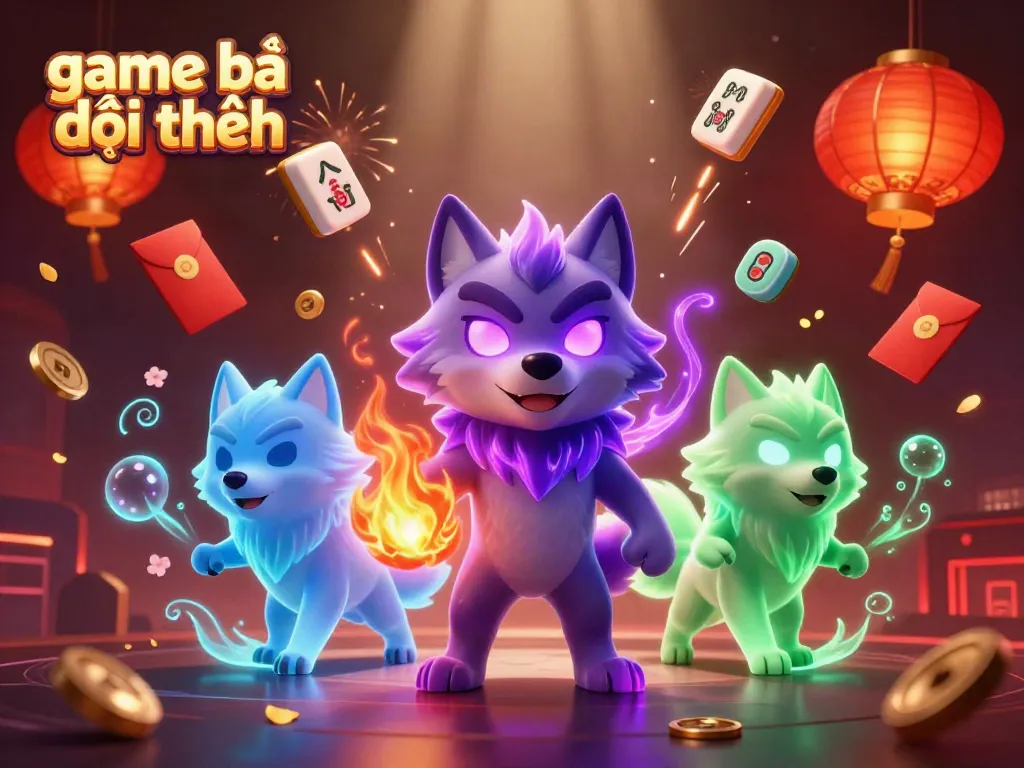 Engage with game bài đổi thưởng in a vibrant, strategy-filled scene featuring wolf leaders and festive symbols.