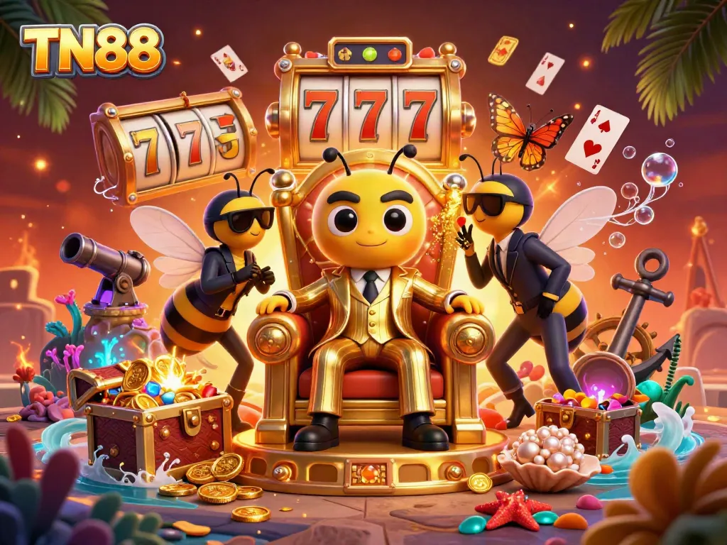 Join the TN88 mob boss in this dynamic casino scene packed with slot reels and treasure.