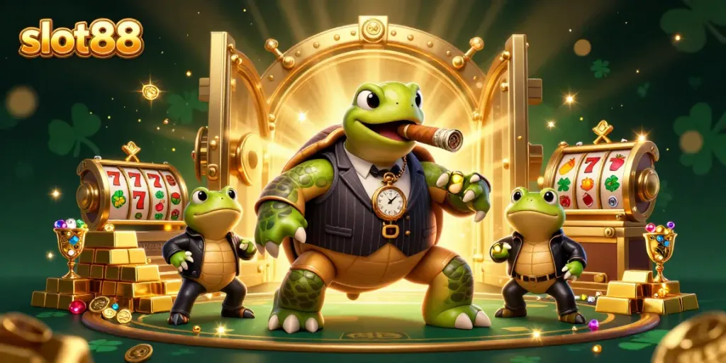 Slot88 menyajikan karakter unik dengan kura-kura dan katak dalam suasana kasino yang meriah.