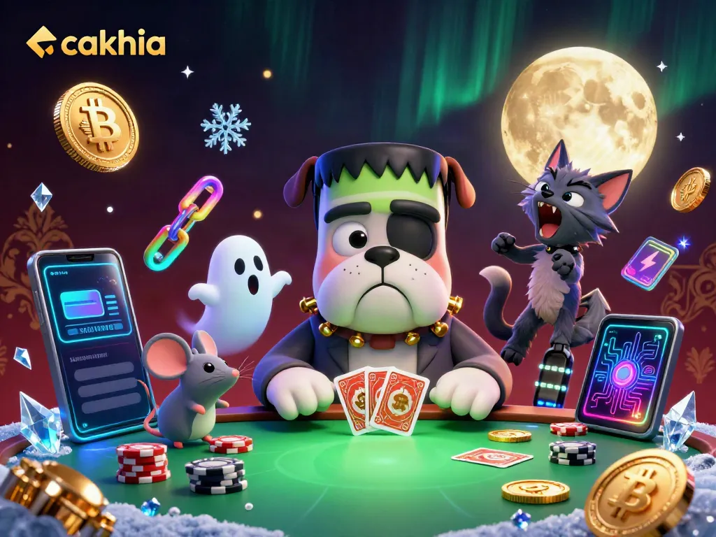 Experience thrilling gambling action with cakhia featuring a Frankenstein bulldog dealing cards amidst neon crypto elements.