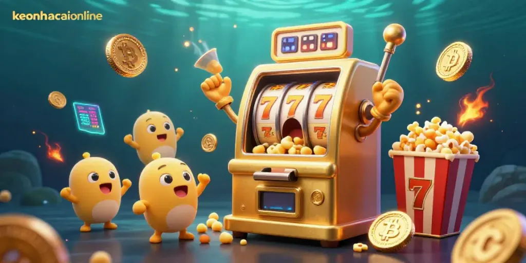 Experience the excitement of keonhacaionline with a golden slot machine hitting a jackpot amid glowing crypto coins.