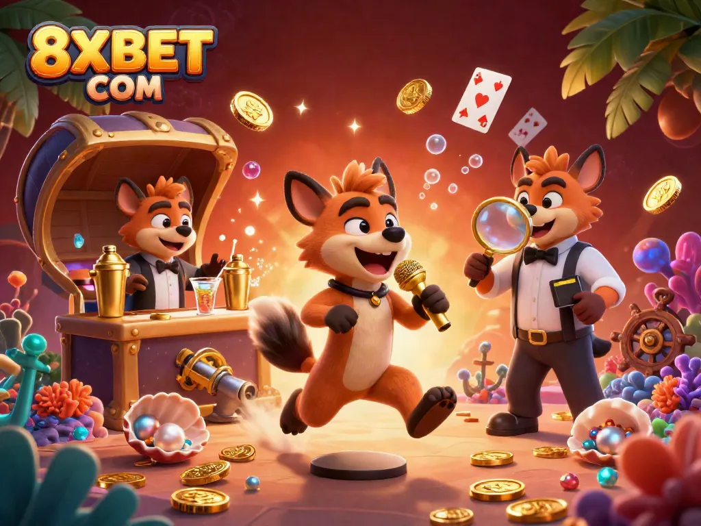 Engage with unmatched excitement at 8XBET COM, featuring a vibrant casino scene with hyenas entertaining in a lively atmosphere.