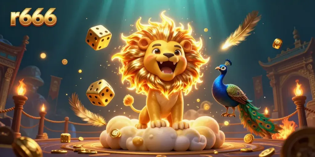 Experience r666's thrilling online casino action with a vibrant 3D illustration of games and characters.