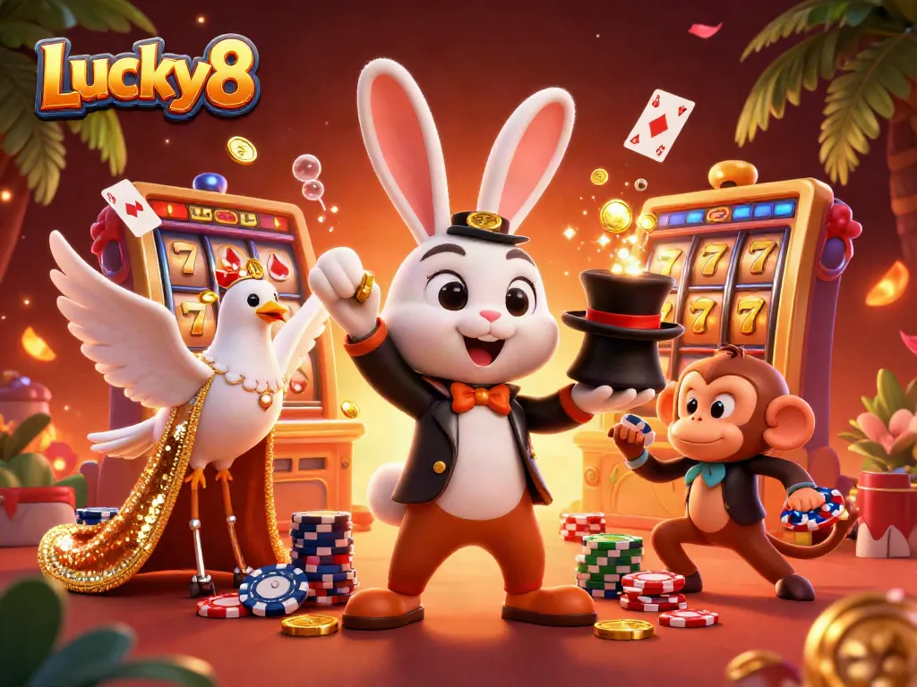 Engage with Lucky8's magical casino adventure featuring a rabbit, dove, and monkey in a vibrant 3D illustration.