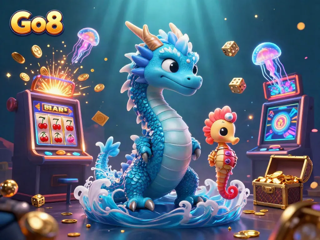Experience thrilling gameplay at Go8 with vibrant dragon, seahorse knight, and jackpot elements.