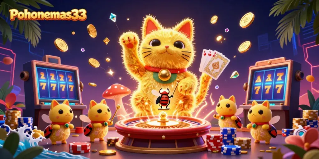 Permainan seru di Pohonemas33 dengan kucing keberuntungan dan simbol kasino yang mengagumkan.