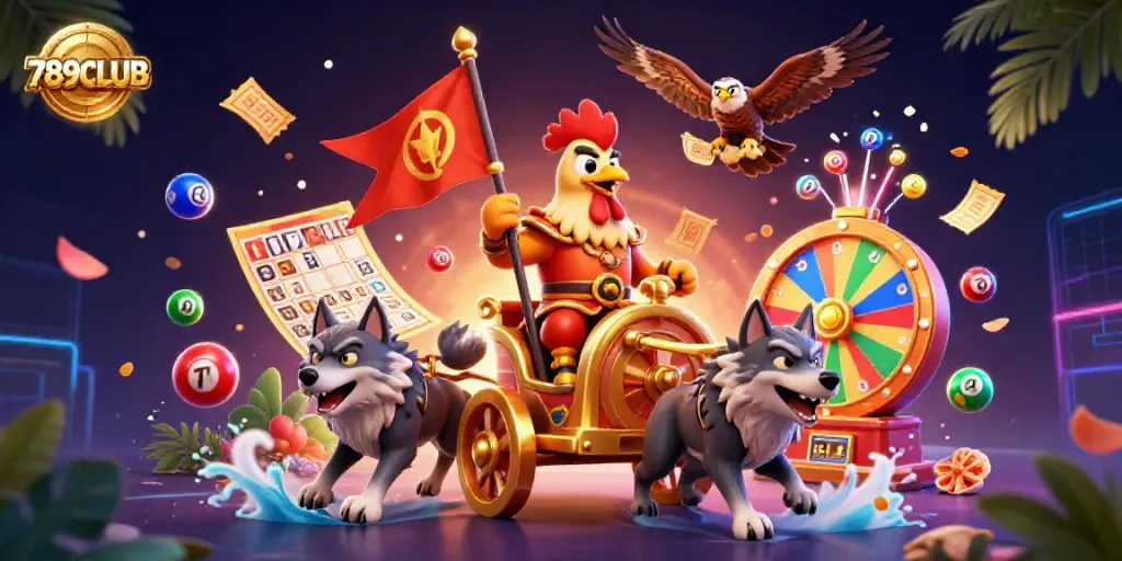 Engage with the vibrant, dynamic action of 789CLUB featuring a rooster warlord and lottery elements in colorful 3D.