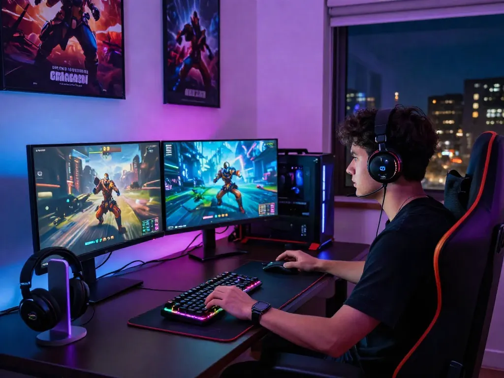 Engaged gamer playing garuda404 on dual monitors in an electrifying gaming setup.