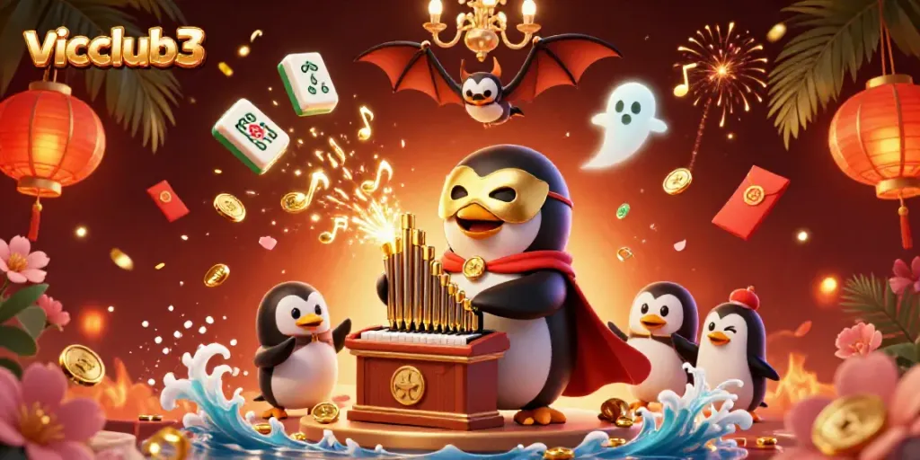 Experience thrilling casino vibes with vicclub3, featuring a penguin organist and colorful casino elements.
