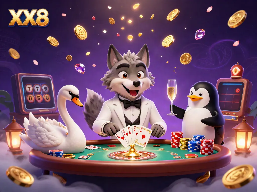 Experience thrilling action at XX8 with a sophisticated 3D casino scene featuring vibrant characters and dynamic game elements.
