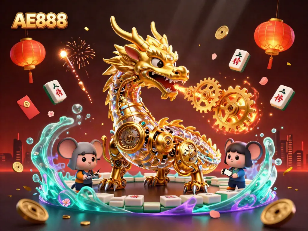 View an exciting AE888 casino scene with a golden dragon and festive gambling elements.