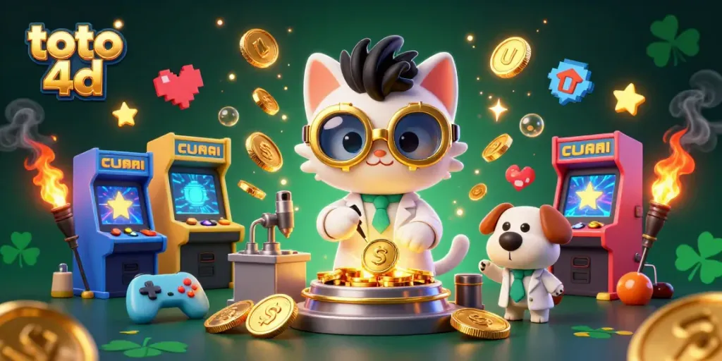 Menghasilkan angka lotere toto 4d dengan ilustrasi karakter yang lucu dalam suasana kasino ceria.