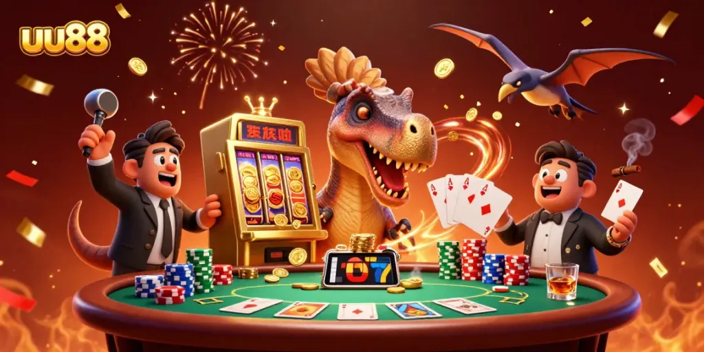 uu88 pachycephalosaurus celebrates a jackpot payout, capturing dynamic casino action.