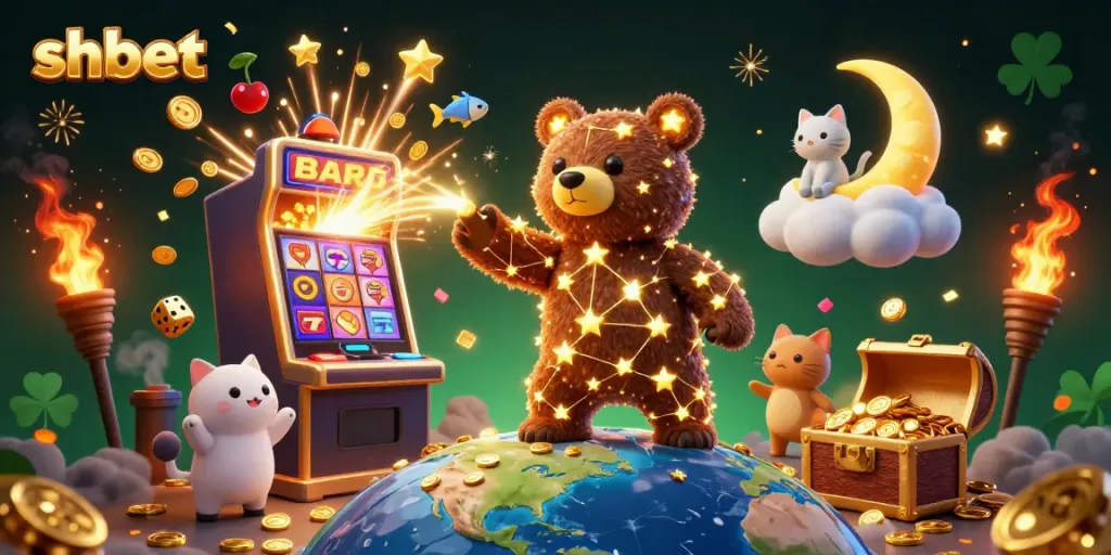 Experience the vibrant world of shbet with golden stars, coins, and casino symbols bursting with excitement.