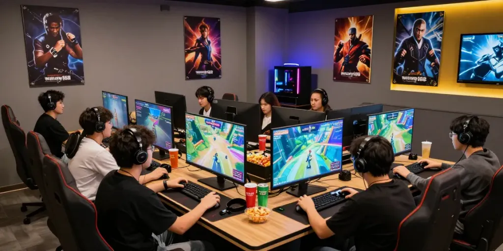 Friends enjoying gaming session with warung168 titles in vibrant lounge.