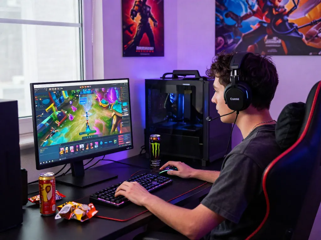 Player engaged in lumbung88 online gaming with vibrant graphics and accessories.