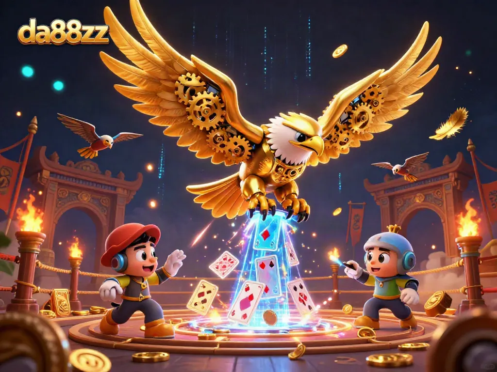 Engage with da88zz as a golden eagle dives through holographic cards in a vibrant casino scene.