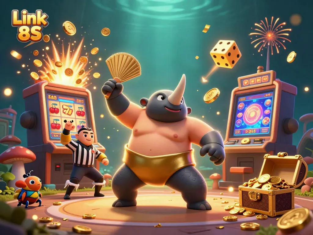 Experience casino excitement with Link 8S featuring vibrant illustrations of beetles and slot machines.