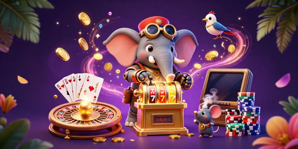 Sx88 showcases a steampunk elephant operating a slot machine amidst dynamic casino excitement.