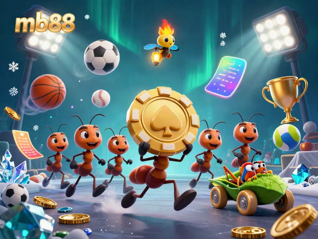 Experience the thrill of mb88 with ants heisting a giant poker chip amidst dynamic sports action.